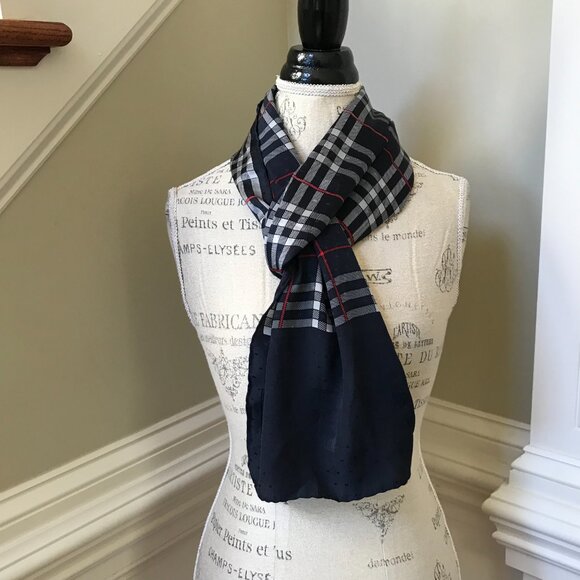 Burberry Silk Rectangle Scarf Navy Blue Red White Plaid Wrap Neck Kerchief - Picture 6 of 11